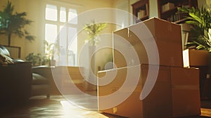 stack of big boxes in the almost empty living room, house moving concept