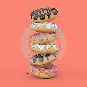 Stack of Big Strawberry Pink and Chocolate Glazed Donut with Color Sprinkles. 3d Rendering