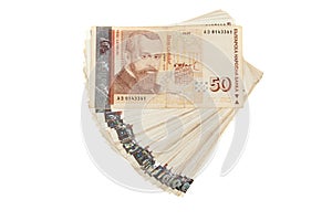 Stack of bills, bulgarian money. Bulgarian currency banknotes 50 leva, BGN. Finances concept