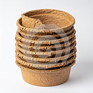 Stack of Biodegradable Brown Seedling Starter Pots on White Background