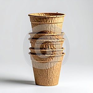 Stack of Biodegradable Peat Pots for Seedlings on White Background