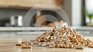 Stack of biomass wood pellets and woodpile on blurred background with copy space
