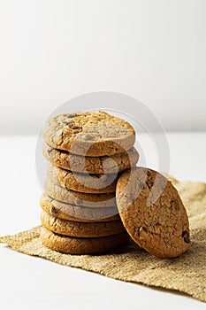 Stack of biscuits with copy space. Chocolate chip cookies