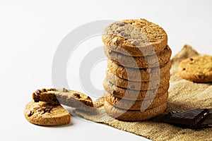 Stack of biscuits with copy space. Chocolate chip cookies