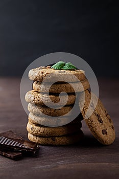 Stack of biscuits with copy space. Chocolate chip cookies