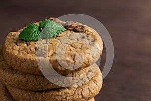 Stack of biscuits with copy space. Chocolate chip cookies