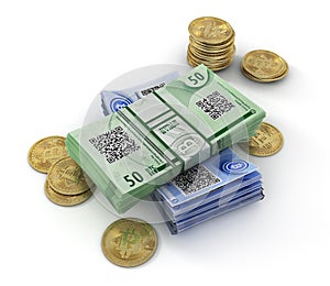 Stack of bitcoin bills on a white background. Mining concept. 3d illustration