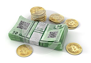 Stack of bitcoin bills on a white background. Mining concept. 3d illustration