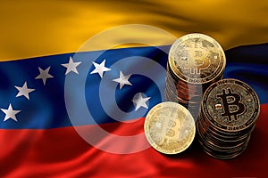 Stack of Bitcoin coins on Venezuelian flag. Situation of Bitcoin and other cryptocurrencies in Venezuela