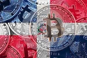 Stack of Bitcoin Dominican Republic flag. Bitcoin cryptocurrencies concept. BTC background.