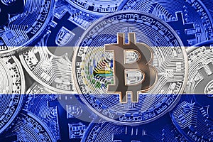Stack of Bitcoin El Salvador flag. Bitcoin cryptocurrencies concept. BTC background. photo