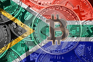 Stack of Bitcoin Sauth Africa flag. Bitcoin cryptocurrencies con photo