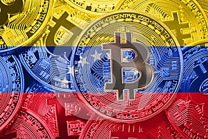Stack of Bitcoin Venezuela flag. Bitcoin cryptocurrencies concept. BTC background. photo