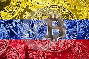 Stack of Bitcoin Venezuela flag. Bitcoin cryptocurrencies concept. BTC background.