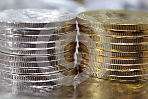 Stack of bitcoins coins. Closeup, Macro shot
