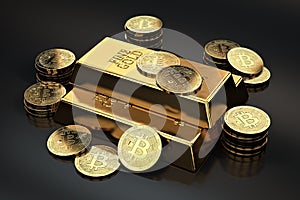 Stack of Bitcoins and gold ingots bullion bar. Cryptocurrencies as a future gold most precious commodity in the world