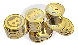 Stack of bitcoins isolated on white.