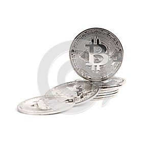 Stack of bitcoins isolated on white. Digital currency