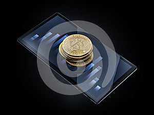 Stack of bitcoins on top of smartphone on black background