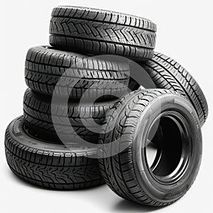Stack of Black Car Tires Arranged Artistically Against a White Background Created With Generative AI Technology