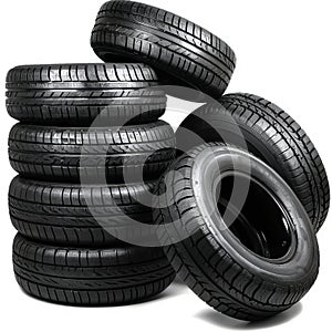 Stack of Black Car Tires Arranged Artistically Against a White Background Created With Generative AI Technology