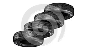 Stack of black car tires isolated on white