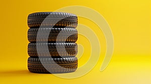 Stack of Black Car Tires on Yellow Background