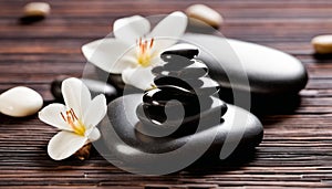 A stack of black rocks with white flowers on top
