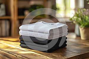 Stack of black and white folded clothes on blurred background. mockup