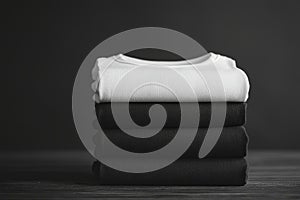 Stack of black and white folded clothes on dark background. mockup