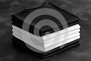 Stack of black and white folded clothes on dark background. mockup