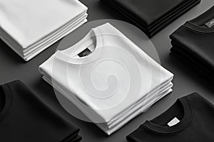 Stack of black and white folded clothes on dark background. mockup