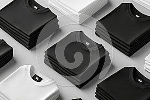 Stack of black and white folded clothes on white background. mockup