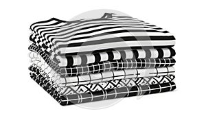 Stack of black and white patterned fabrics isolated on white background
