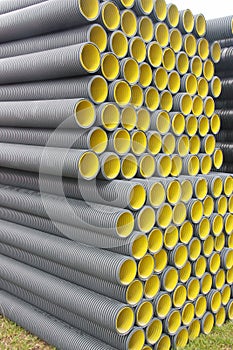 Stack of black yellow corrugated plastic pipes