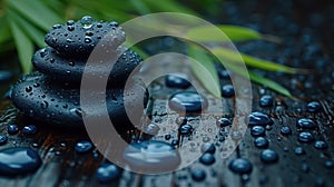 Stack of Black Zen Stones on Wet Bamboo Mat