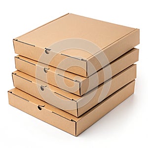 Stack of blank brown pizza boxes isolated on white photo
