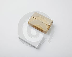 Stack of blank White business cards and craft Cards box on white background