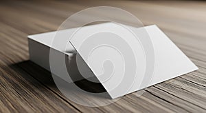 Stack of blank white business cards on rustic wooden surface image