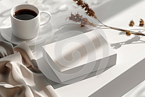 Stack of blank white business cards on a white table with a cup of coffee and dried flowers