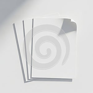 A stack of blank white paper sheets with a shadow cast on a plain background