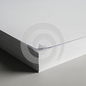 Stack of blank white paper sheets with sharp, smooth edges on a grey surface