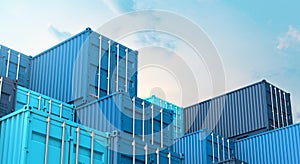 Stack of blue containers box, Cargo freight ship for import export 3D