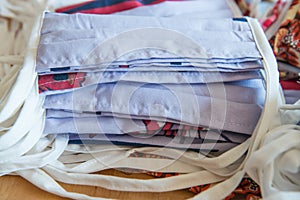 Stack of blue fabric protective veils