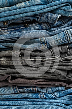 Stack of blue and gray old jeans. Closeup