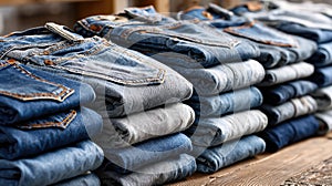 Stack of blue and grey denim jeans on wooden table in store display