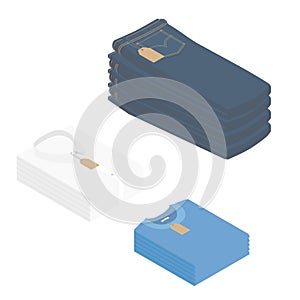 Stack of blue jeans, white folded shirt and blue t-shirt isolated on white background isometric view. Vector