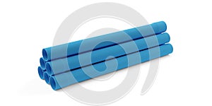 Stack of blue PVC pipes over white background, plumbing, water infrastructure or industry concept
