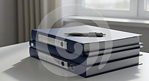 Stack of Blue Ring Binders with Pen on White Office Table