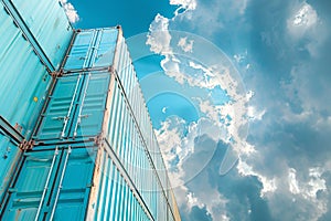 Stack of Blue Shipping Containers Against a Cloudy Sky